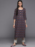 Thumbnail for Varanga Navy Blue Floral Printed Straight Kurta With Three Quarter Sleeves - Distacart