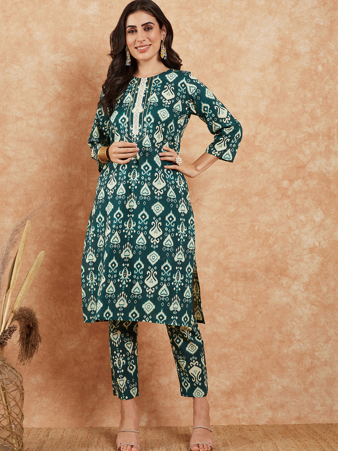 InWeave Women's Peacock Blue Ikkat Print Gota Work Straight Kurta Pant Set - Distacart