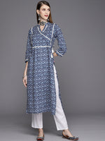 Thumbnail for Varanga Women Indigo Printed Kurta With Lace And Tie Up Detailing On Yoke - Distacart