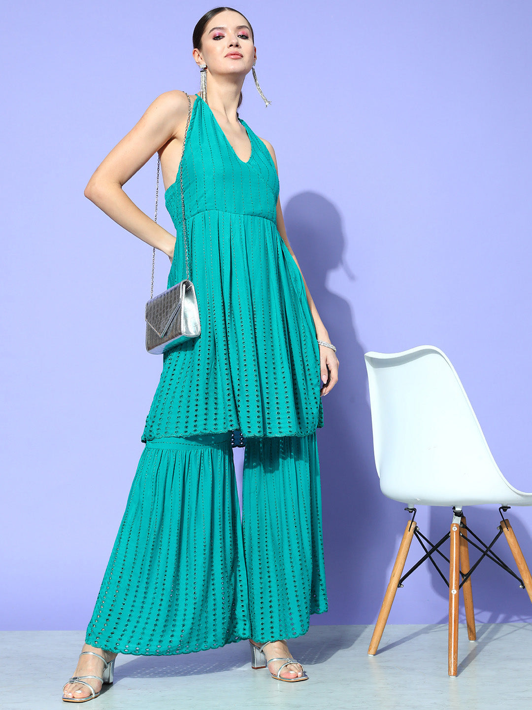 InWeave Women's Teal Lace Work Backless Kurta Sharara Set - Distacart