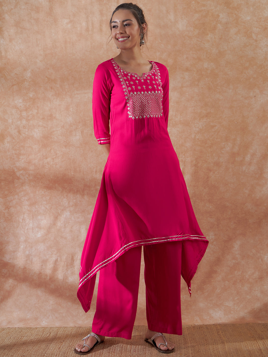 InWeave Women's Magenta Emb Assymetrical Kurta Pant Set - Distacart