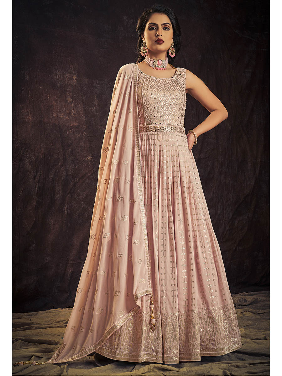 Myra Baby Pink Real Georgette Designer Gown Style Suit - Distacart