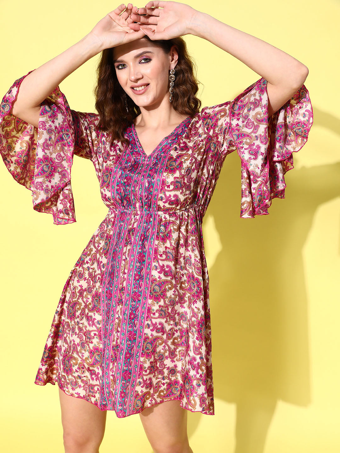 InWeave Women's Fuchsia Floral Prnited Bell Sleeve Short Dress - Distacart