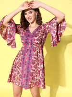 Thumbnail for InWeave Women's Fuchsia Floral Prnited Bell Sleeve Short Dress - Distacart