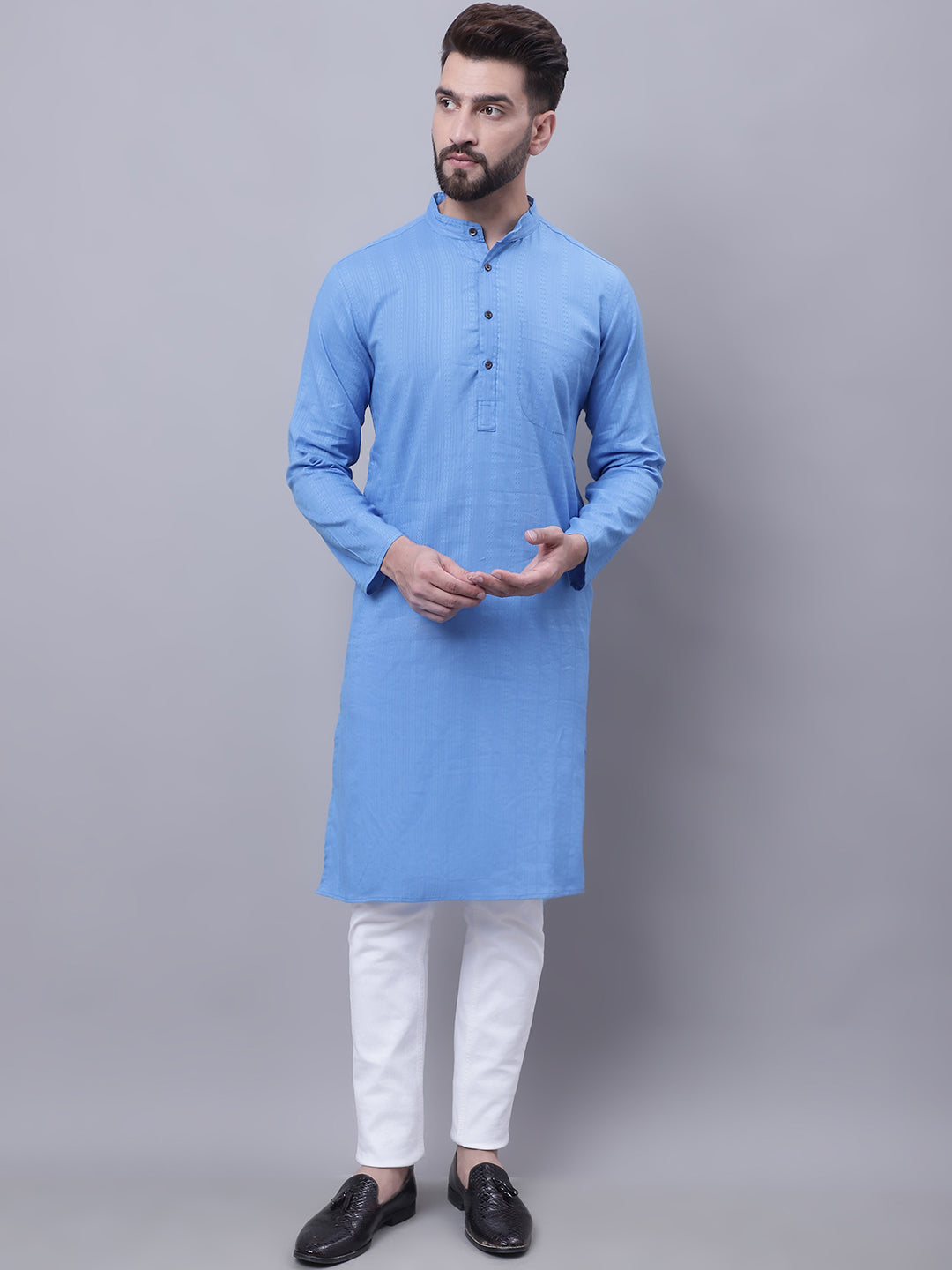 Even Apparels Blue Pure Cotton Kurta With Band Collar - Distacart