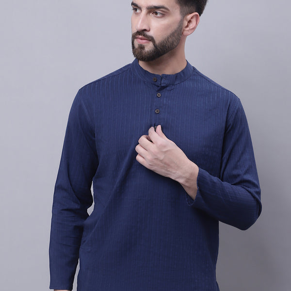 Even Apparels Blue Pure Cotton Short Kurta With Band Collar - Distacart