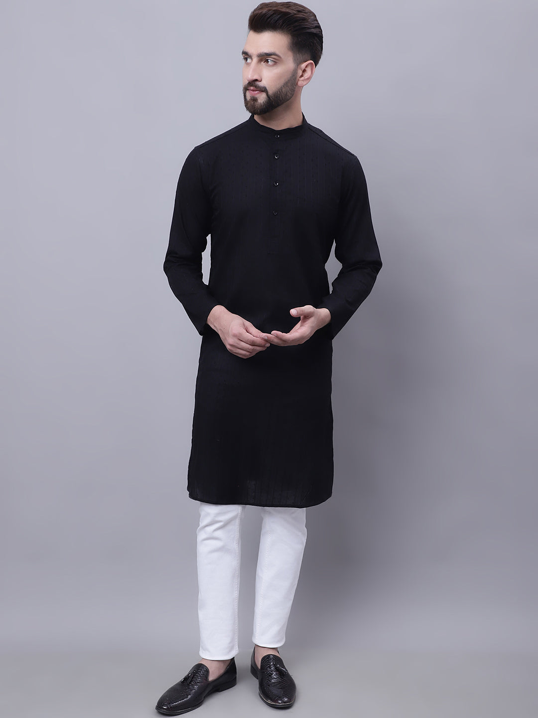 Even Apparels Black Pure Cotton Kurta With Band Collar - Distacart
