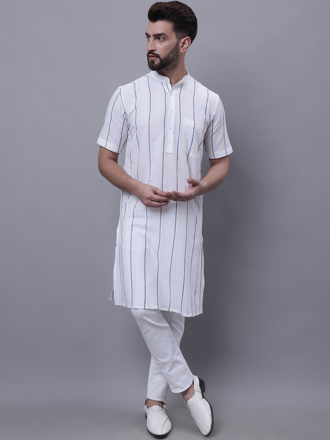 Even Apparels Cream Pure Cotton Short Sleeves Kurta With Band Collar - Distacart