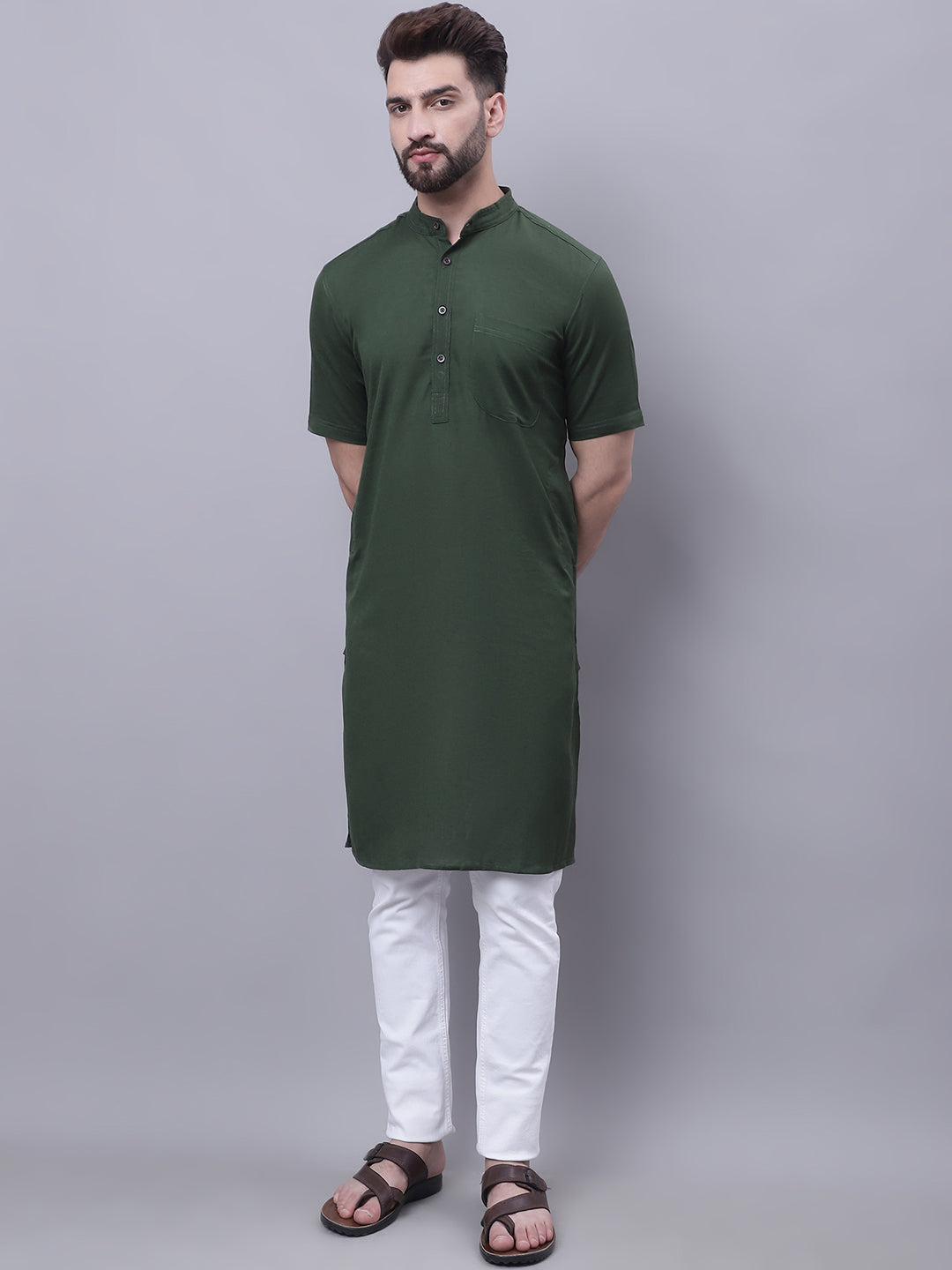 Even Apparels Green Pure Cotton Short Sleeves Kurta With Band Collar - Distacart