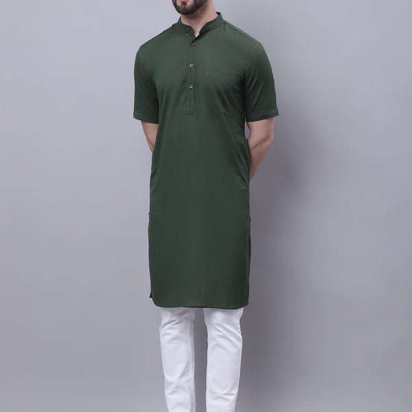 Even Apparels Green Pure Cotton Short Sleeves Kurta With Band Collar - Distacart