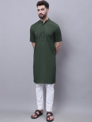 Even Apparels Green Pure Cotton Short Sleeves Kurta With Band Collar - Distacart
