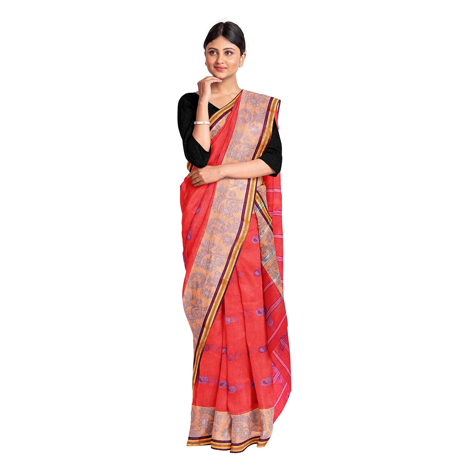 Exclusive Collection 100% Pure Cotton Red Tant Saree With Hand Weaving Work - Distacart