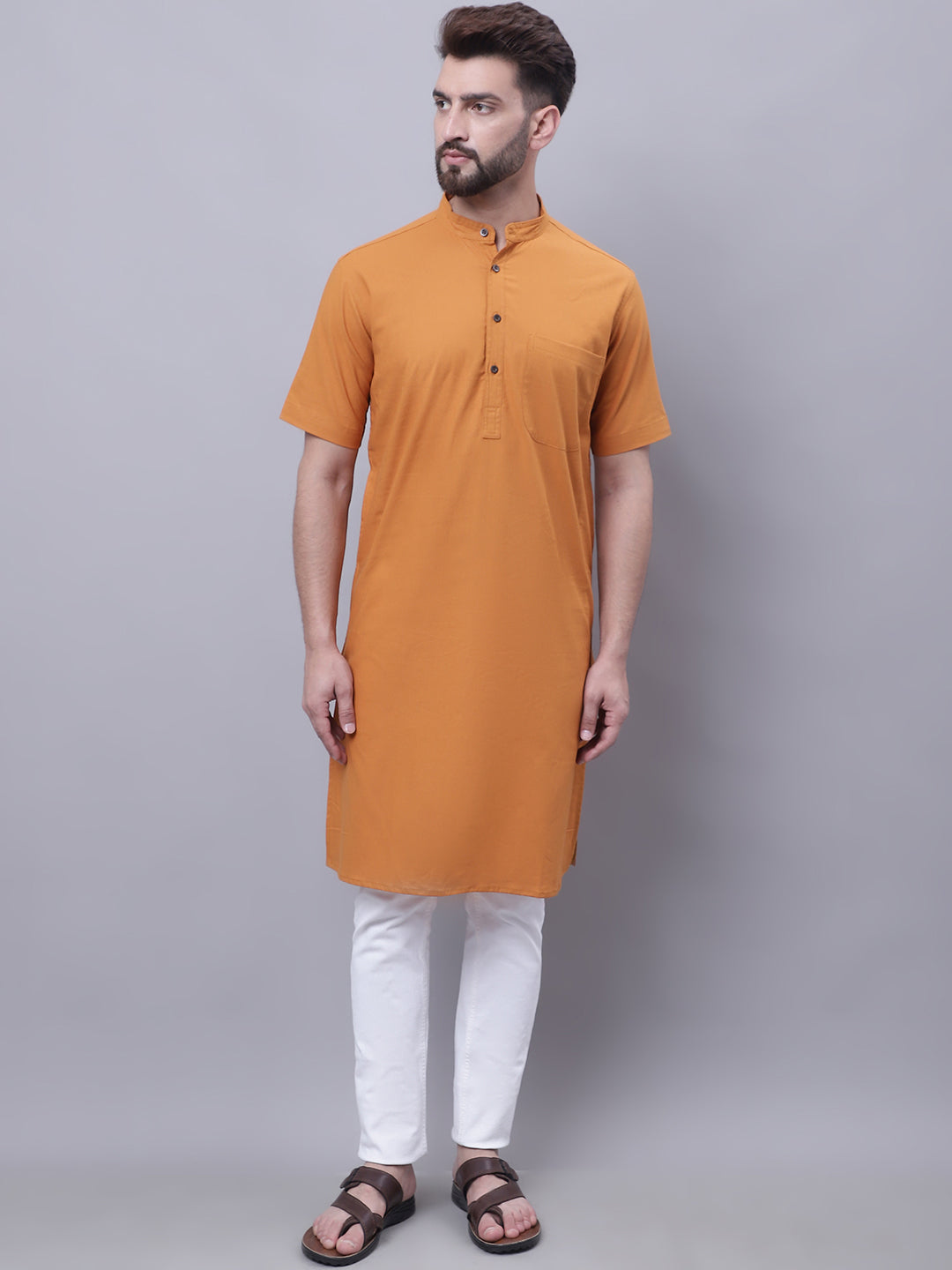 Even Apparels Yellow Pure Cotton Short Sleeves Kurta With Band Collar - Distacart