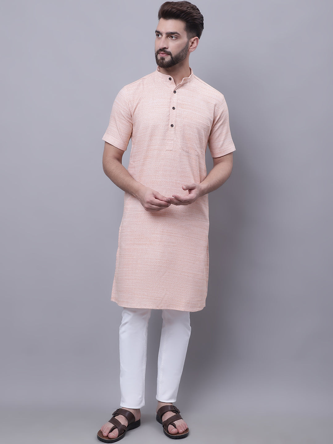 Even Apparels Peach Pure Cotton Short Sleeves Kurta With Band Collar - Distacart