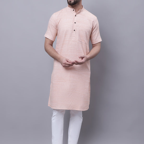 Even Apparels Peach Pure Cotton Short Sleeves Kurta With Band Collar - Distacart