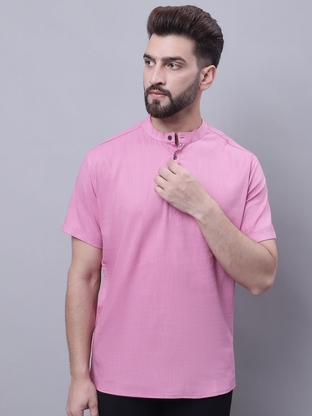 Even Apparels Pink Pure Cotton Short Kurta With Band Collar - Distacart