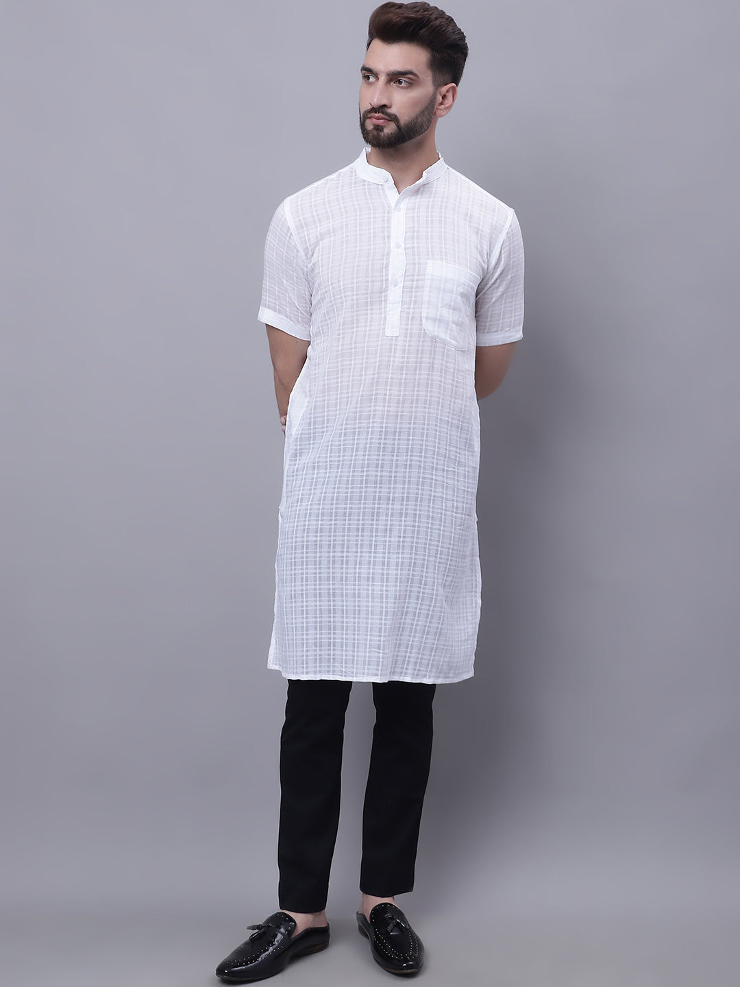 Even Apparels White Pure Cotton Short Sleeves Kurta With Band Collar - Distacart