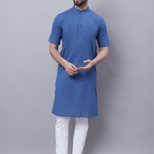 Even Apparels Blue Pure Cotton Short Sleeves Kurta With Band Collar - Distacart