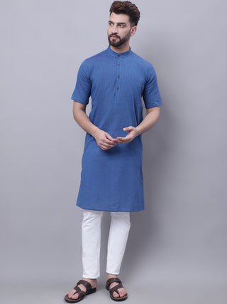 Even Apparels Blue Pure Cotton Short Sleeves Kurta With Band Collar - Distacart