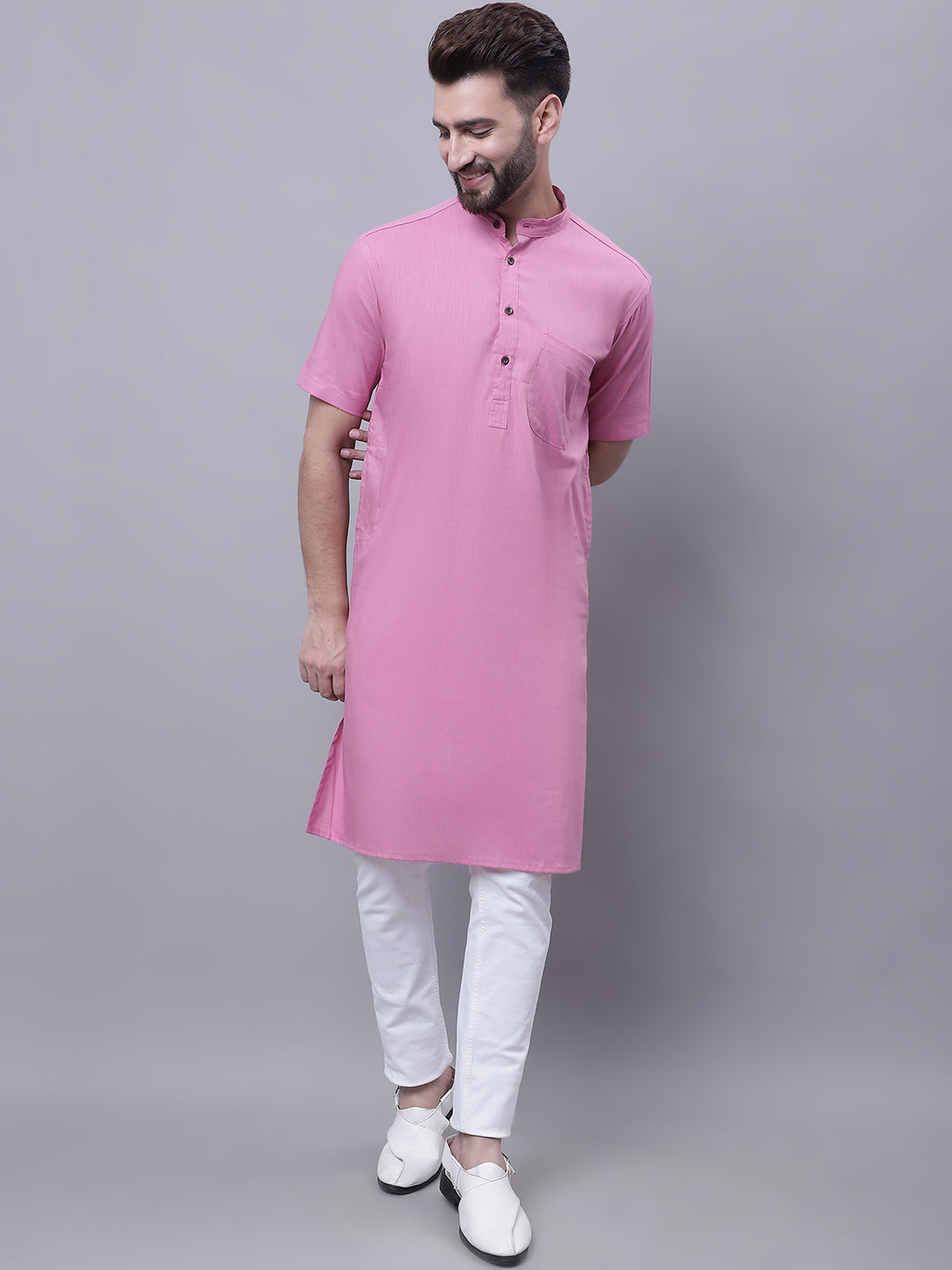 Even Apparels Pink Pure Cotton Short Sleeves Kurta With Band Collar - Distacart