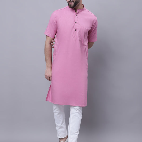Even Apparels Pink Pure Cotton Short Sleeves Kurta With Band Collar - Distacart