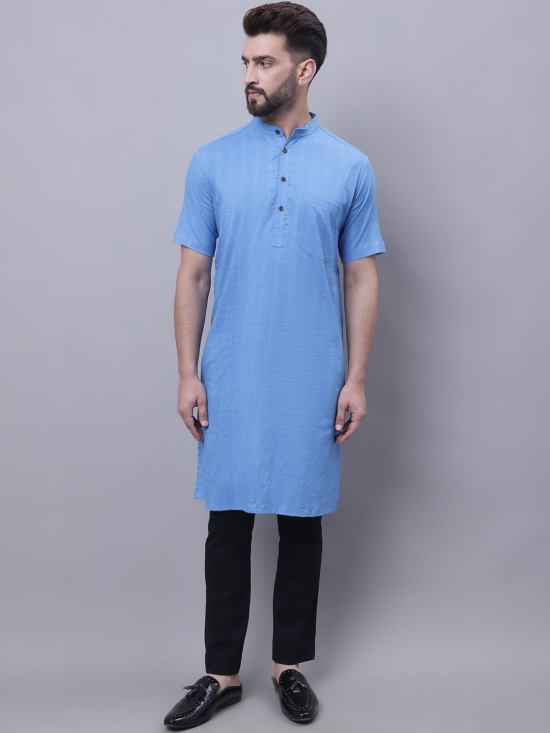 Even Apparels Blue Pure Cotton Short Sleeves Kurta With Band Collar - Distacart