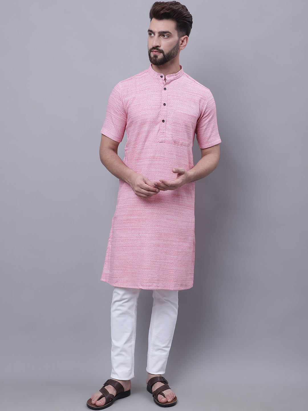 Even Apparels Pink Pure Cotton Short Sleeves Kurta With Band Collar - Distacart