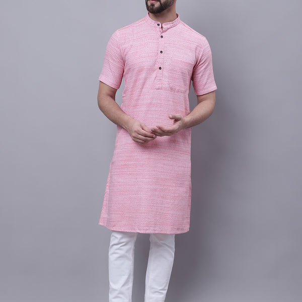 Even Apparels Pink Pure Cotton Short Sleeves Kurta With Band Collar - Distacart