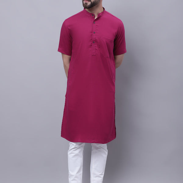 Even Apparels Maroon Pure Cotton Short Sleeves Kurta With Band Collar - Distacart