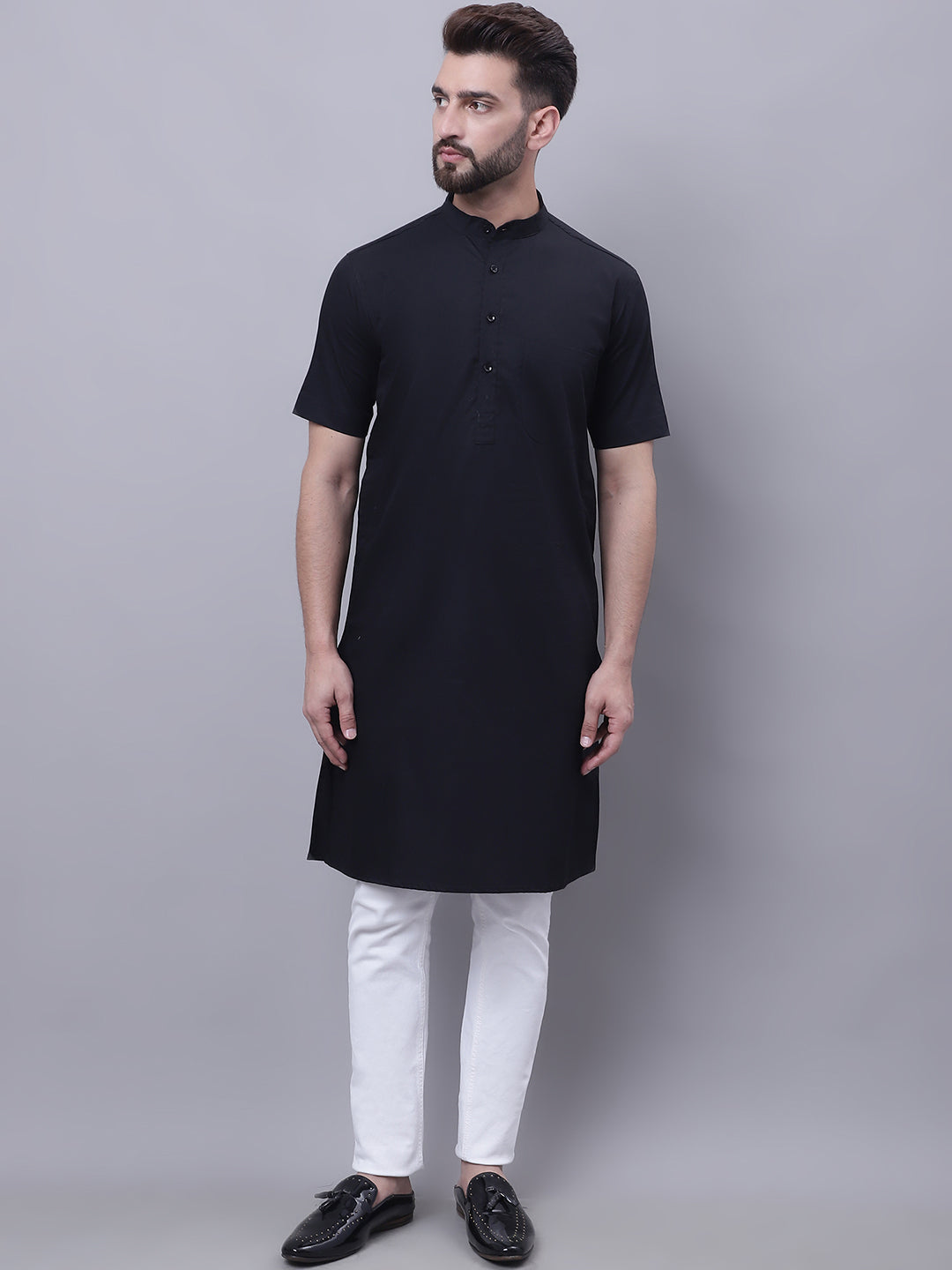 Even Apparels Black Pure Cotton Short Sleeves Kurta With Band Collar - Distacart