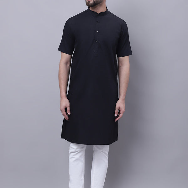 Even Apparels Black Pure Cotton Short Sleeves Kurta With Band Collar - Distacart