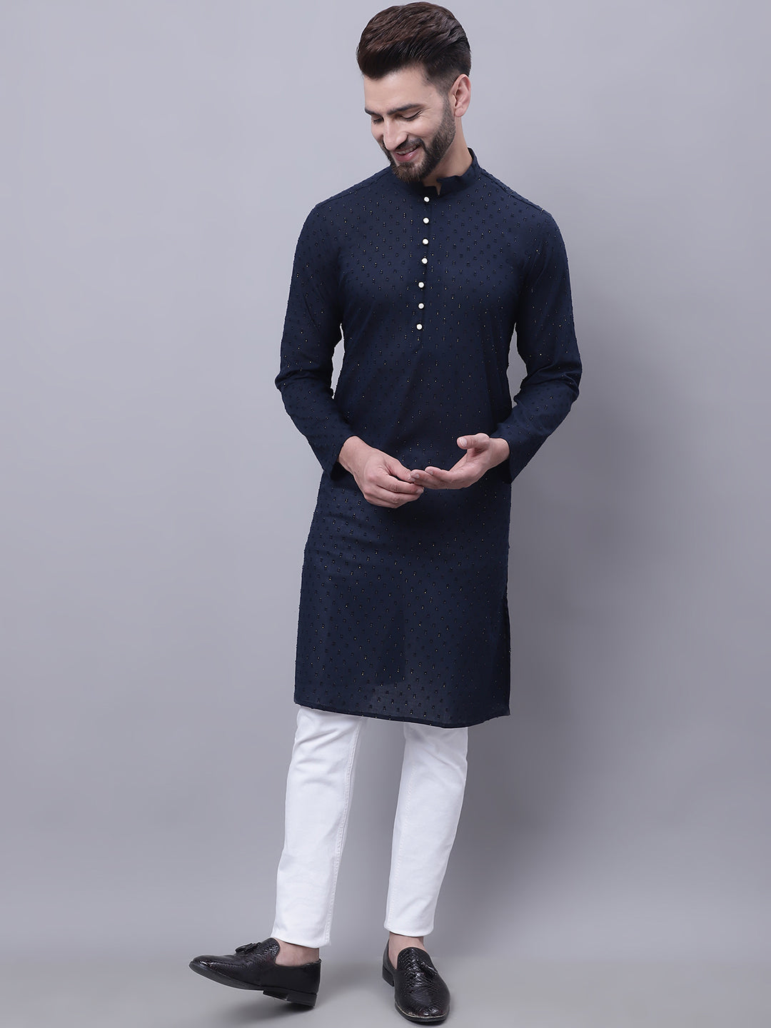 Even Apparels Blue Pure Cotton Kurta With Band Collar - Distacart