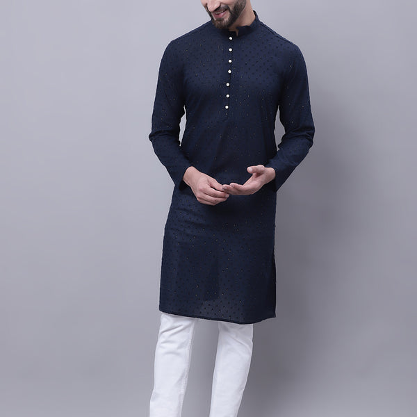 Even Apparels Blue Pure Cotton Kurta With Band Collar - Distacart