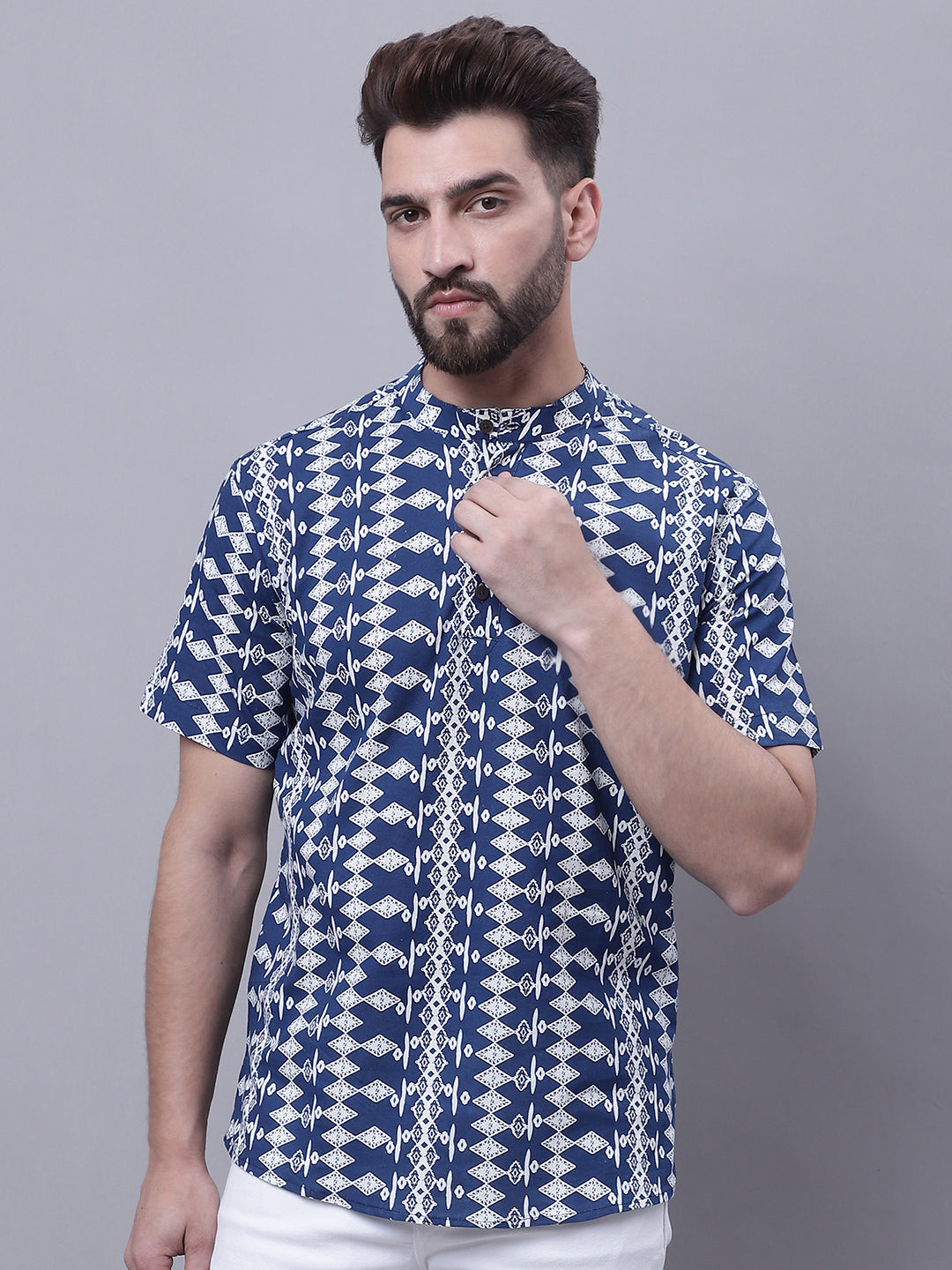Even Apparels Blue Pure Cotton Short Kurta With Band Collar - Distacart