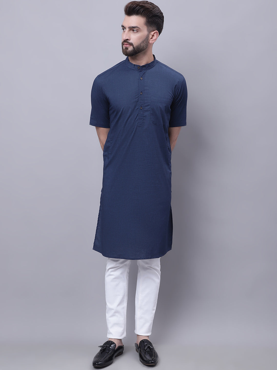 Even Apparels Blue Pure Cotton Short Sleeves Kurta With Band Collar - Distacart