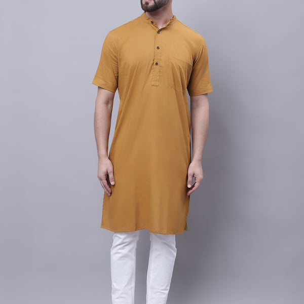 Even Apparels Mustard Pure Cotton Short Sleeves Kurta With Band Collar - Distacart