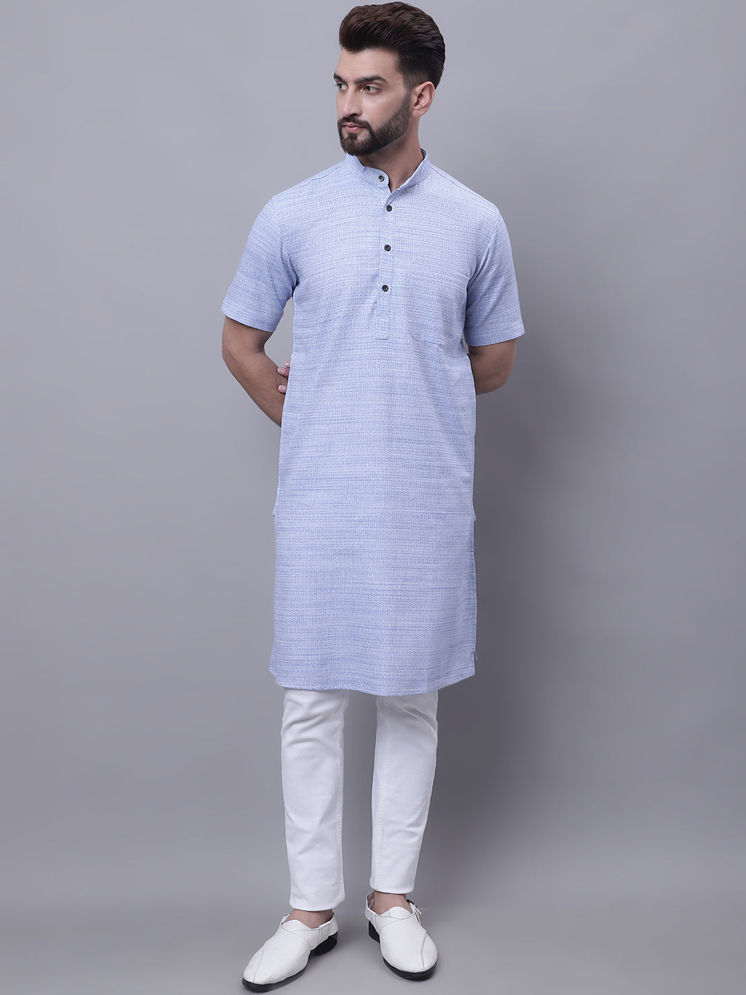 Even Apparels Blue Pure Cotton Short Sleeves Kurta With Band Collar - Distacart