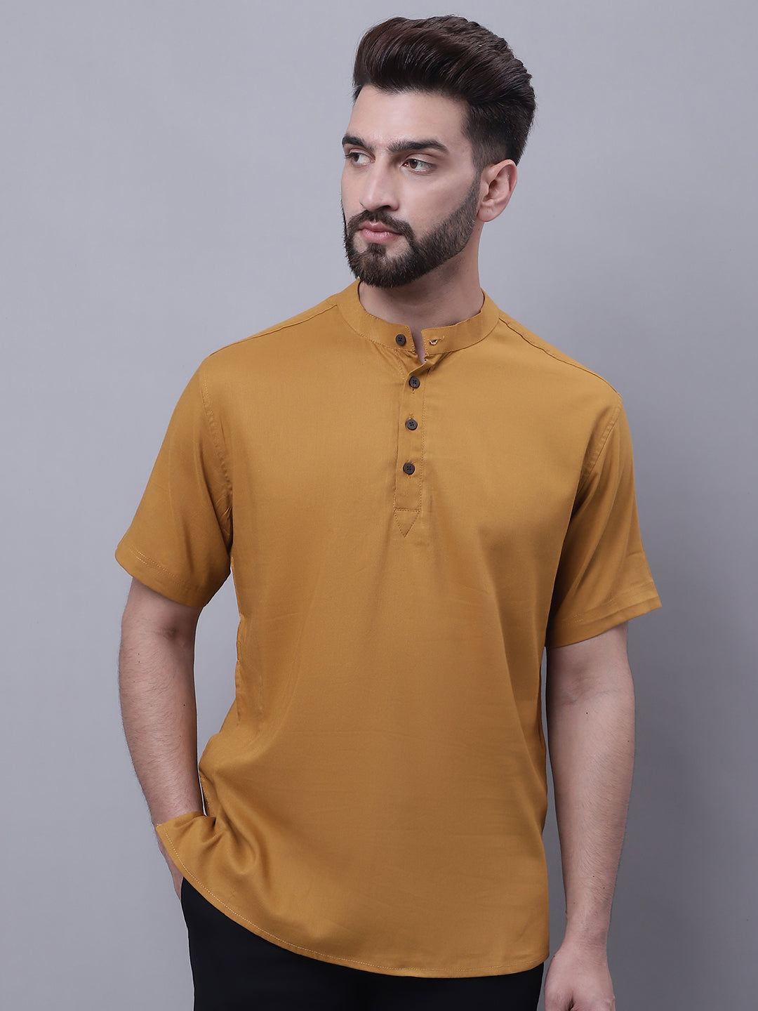 Even Apparels Brown Pure Cotton Short Kurta With Band Collar - Distacart