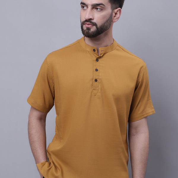 Even Apparels Brown Pure Cotton Short Kurta With Band Collar - Distacart