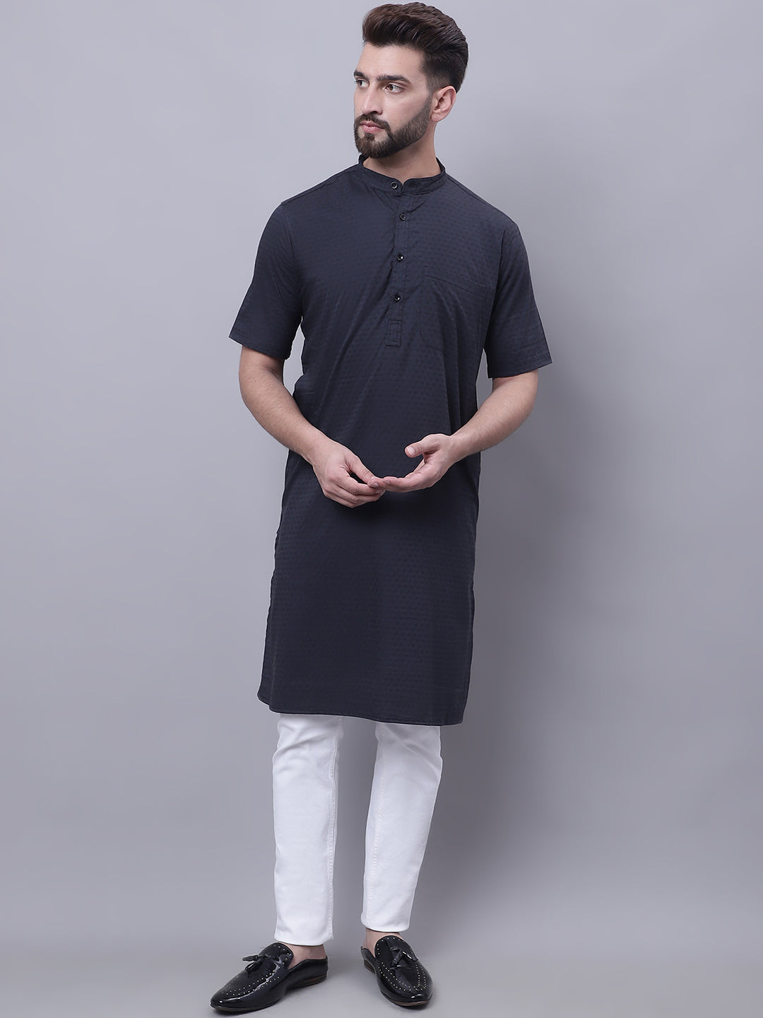 Even Apparels Black Pure Cotton Short Sleeves Kurta With Band Collar - Distacart