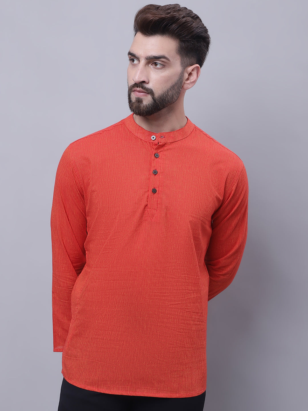 Even Apparels Orange Pure Cotton Short Kurta With Band Collar - Distacart
