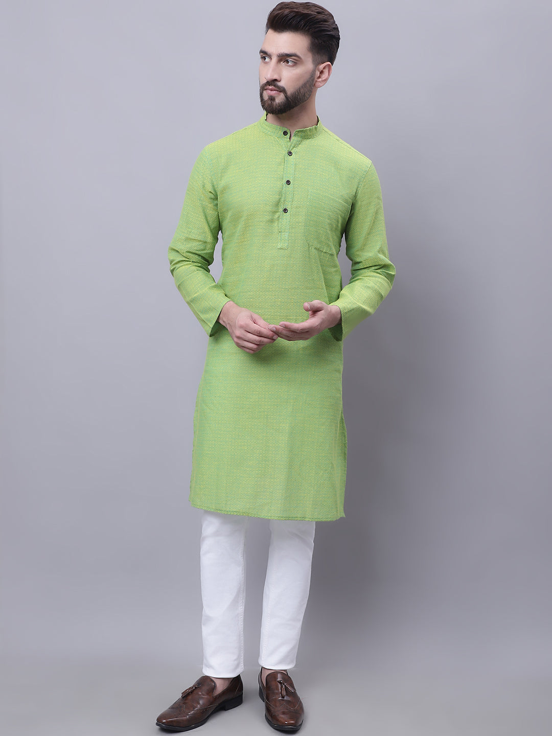 Even Apparels Green Pure Cotton Kurta With Band Collar - Distacart