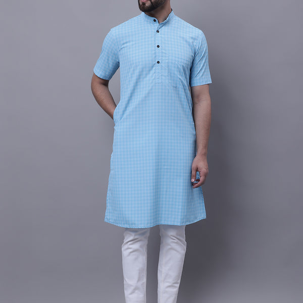 Even Apparels Blue Pure Cotton Short Sleeves Kurta With Band Collar - Distacart