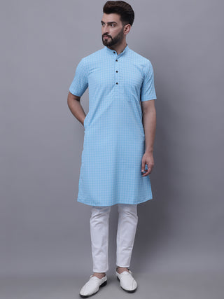 Even Apparels Blue Pure Cotton Short Sleeves Kurta With Band Collar - Distacart