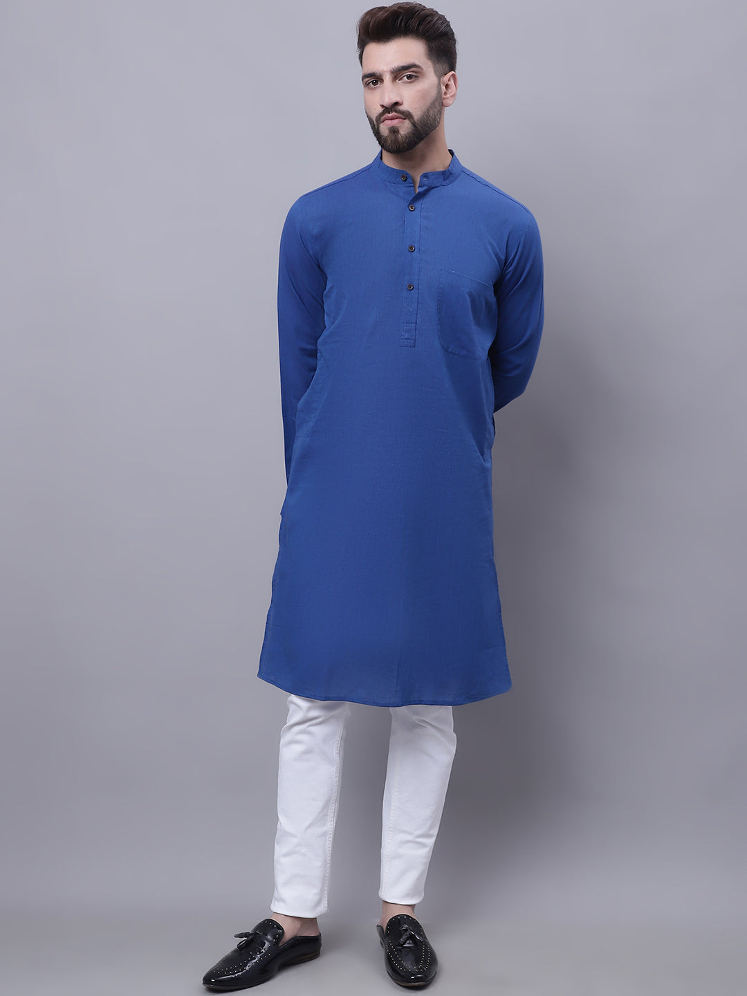 Even Apparels Blue Pure Cotton Kurta With Band Collar - Distacart