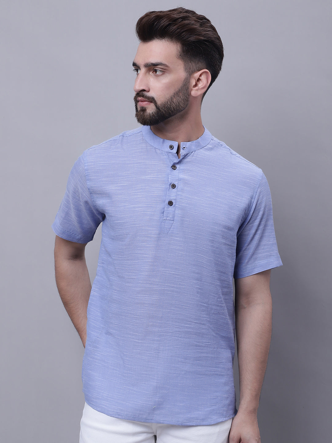 Even Apparels Blue Pure Cotton Short Kurta With Band Collar - Distacart
