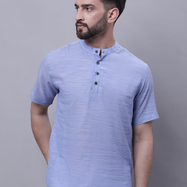 Even Apparels Blue Pure Cotton Short Kurta With Band Collar - Distacart