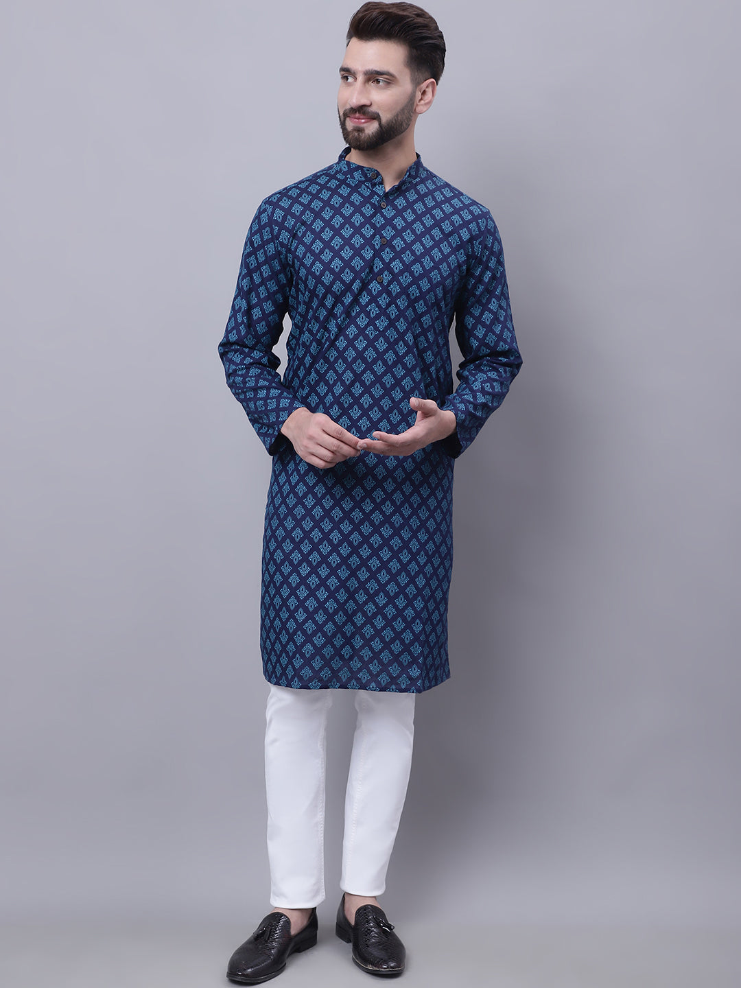 Even Apparels Blue Pure Cotton Kurta With Band Collar - Distacart