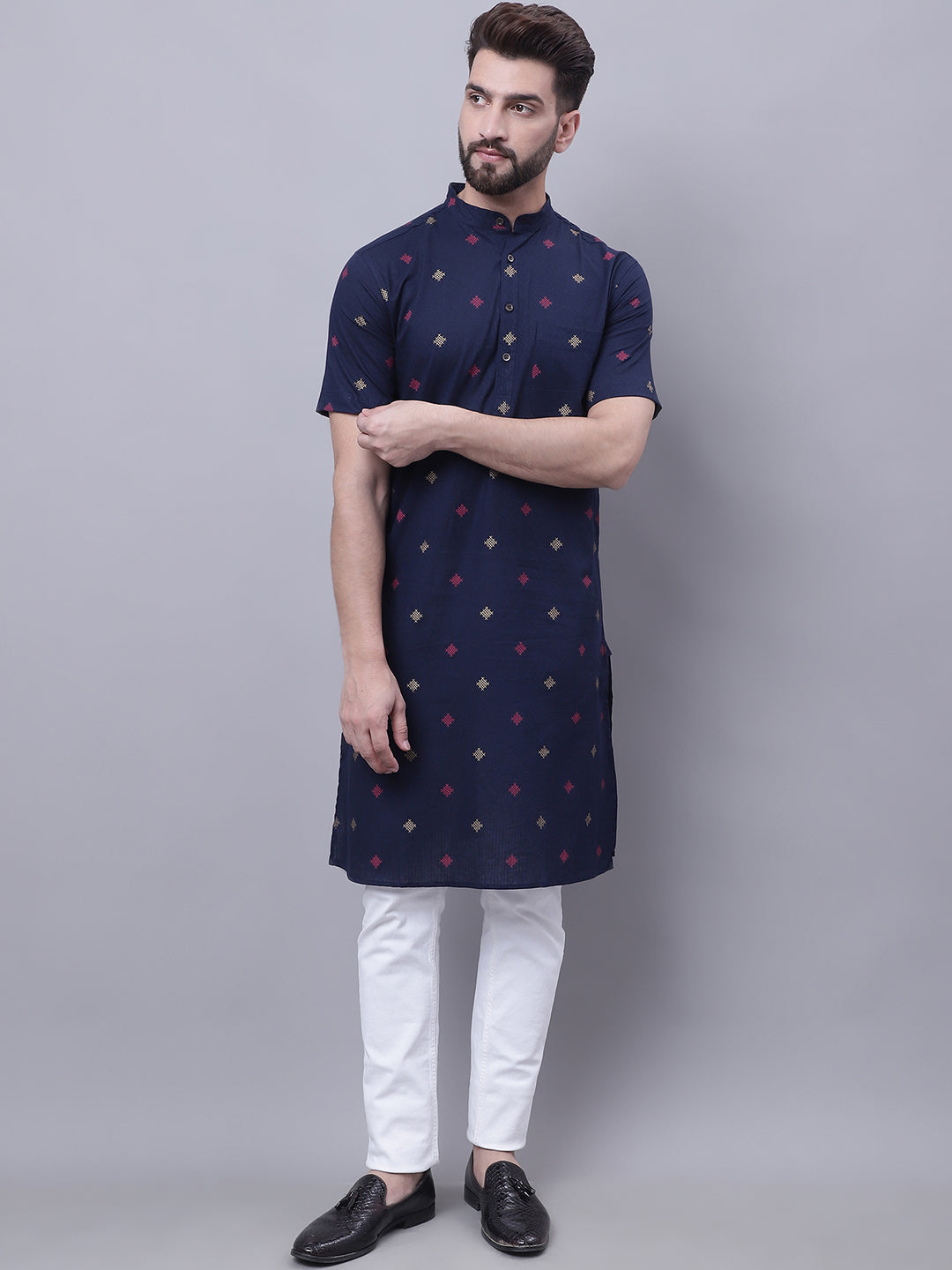 Even Apparels Blue Pure Cotton Short Sleeves Kurta With Band Collar - Distacart