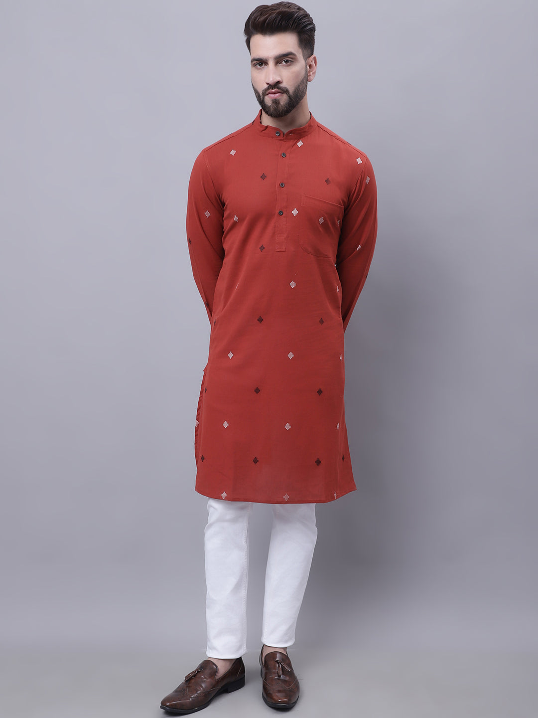 Even Apparels Rust Pure Cotton Kurta With Band Collar - Distacart